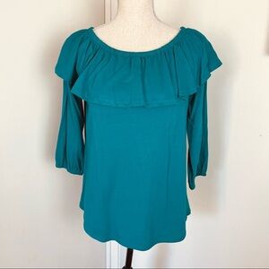 NWT J Jill Sz PS Petite Small Teal Ruffle Front 3/4 Sleeve Shirt Mediterranean